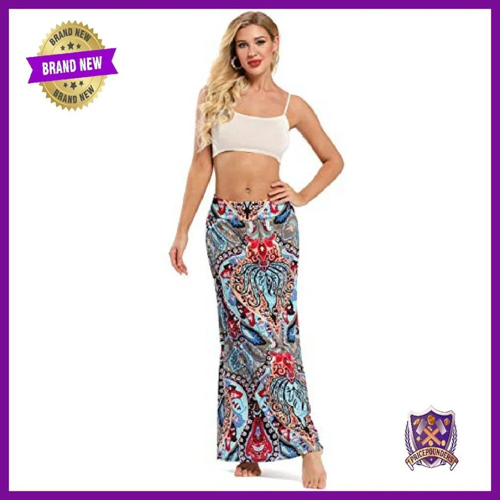 Long Maxi Skirt Elastic Waist Bohemian Print Lightweight Casual - Picture 5 of 8